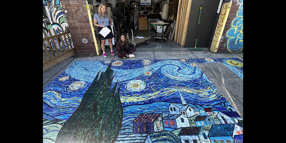 Van Gogh's Starry Night reinterpreted in stained glass mosaic tile work in progress