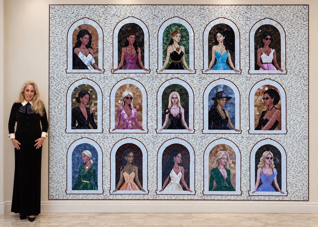 Allison Eden standing next to Gigli Girls stained glass mosaic tile.