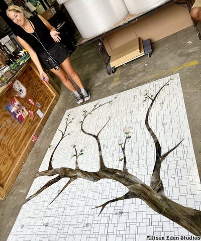 Allison Eden with Cherry Blossom Mosaic Tile artwork in progress at Allison Eden Studios