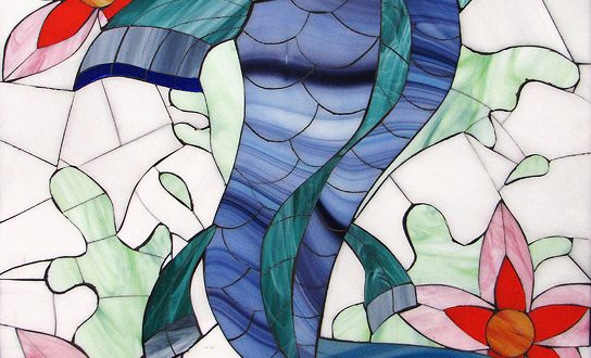 Fish or Die by Allison Eden, a handcrafted stained glass mosaic of a blue koi fish surrounded by orange hibiscus flowers with a tattoo-style banner.