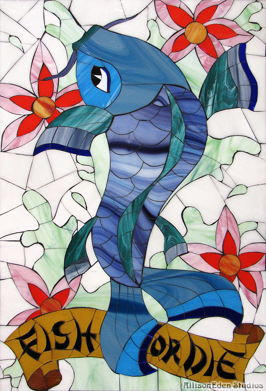 Fish or Die by Allison Eden, a handcrafted stained glass mosaic of a blue koi fish surrounded by orange hibiscus flowers with a tattoo-style banner.