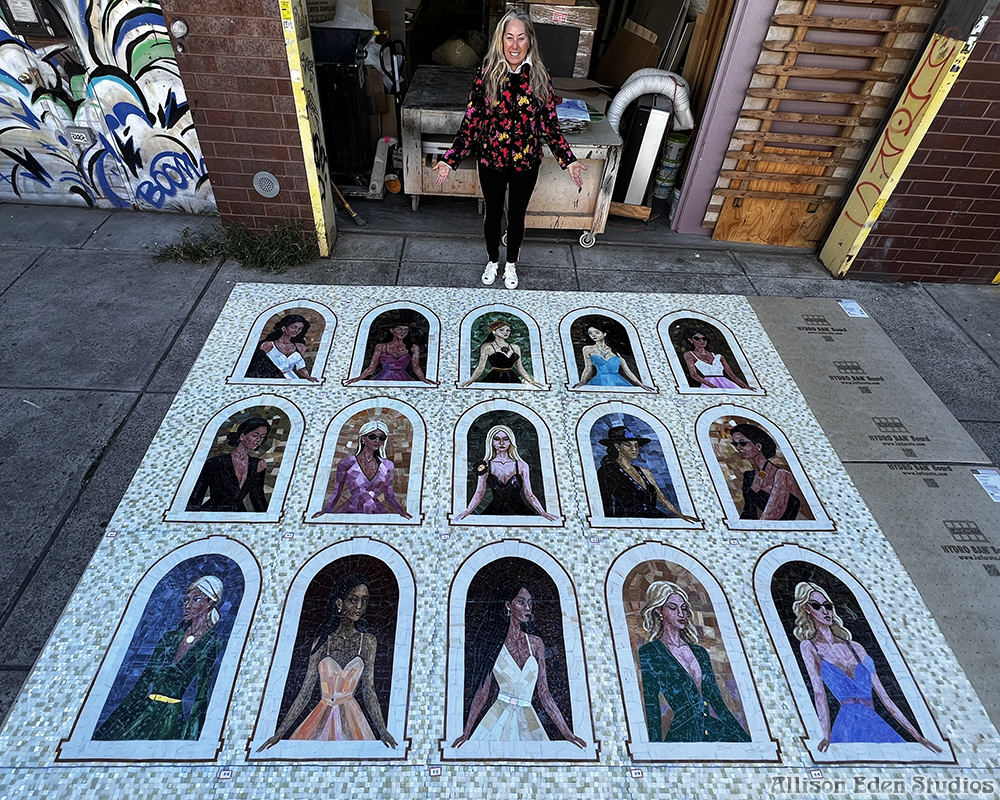 Allison Eden reviewing her large-scale Girls in Windows mosaic during fabrication at her Brooklyn glass studio.