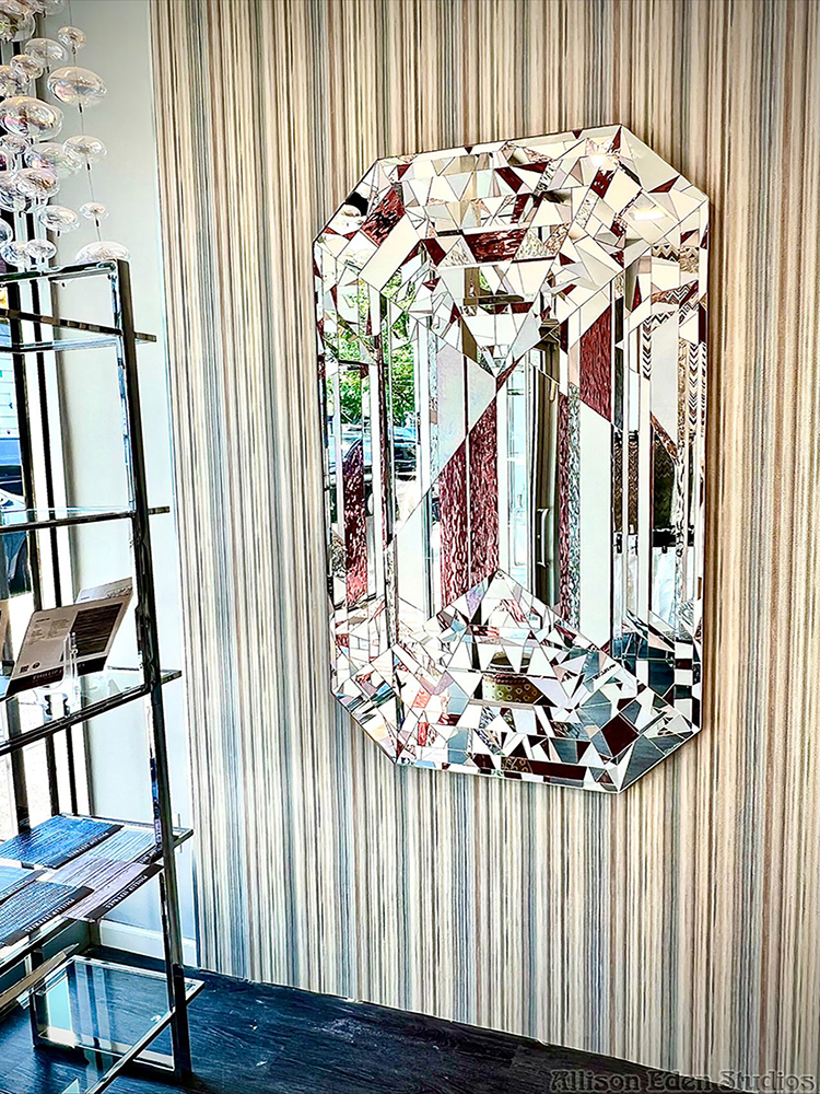 Lavender Diamond stained glass and mirror mosaic artwork by Allison Eden installed as a statement piece in a contemporary interior.