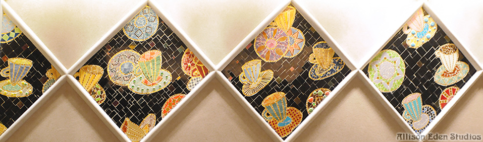 Custom stained glass mosaic teacups handcrafted by Allison Eden Studios for a coffee bar at Atlantis Dubai.