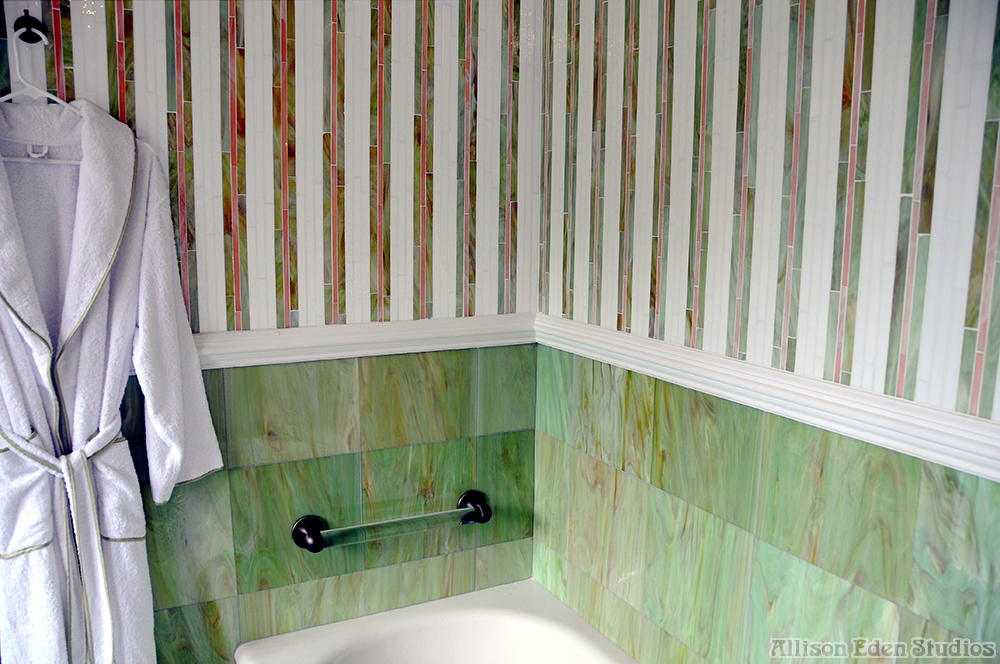 custom green glass tile bathtub surround striped mosaic