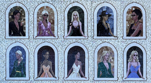 Allison Eden’s Girls in Windows — a large-scale stained glass mosaic featuring 15 individually handcrafted women, created over weeks at Allison Eden Studios in Brooklyn.