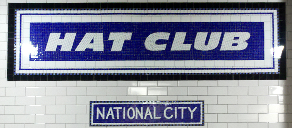 Custom Hat Club retail logo sign handcrafted in cobalt blue and white glass mosaic by Allison Eden Studios, with a matching National City location sign.