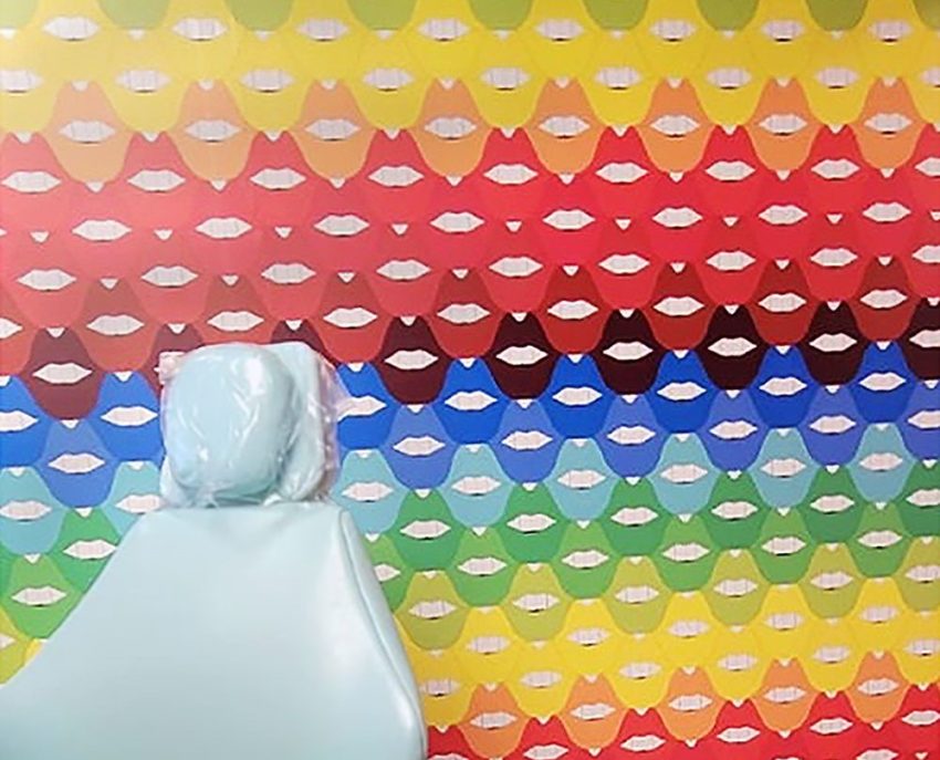 colorful lips wallpaper dental office interior design mosaic lips wall art clinic reception